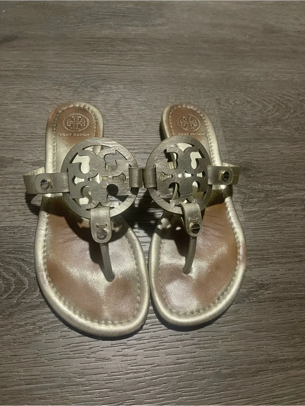 Tory Burch Metallic Silver Miller Logo Thong Sandal Have Some Rubs Size 6 1/2 M